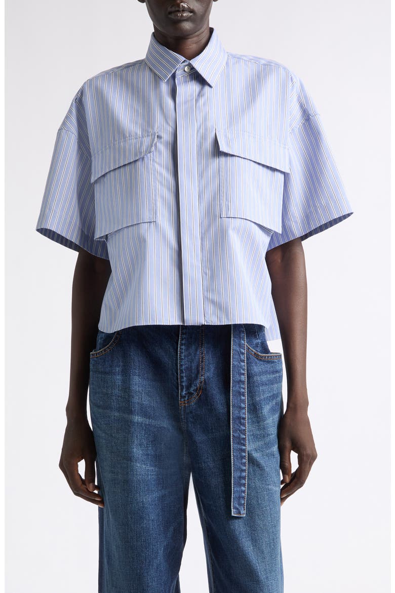 Pleat Back Crop Poplin Button-Up Shirt, Main, color, LIGHT BLUE STRIPE
