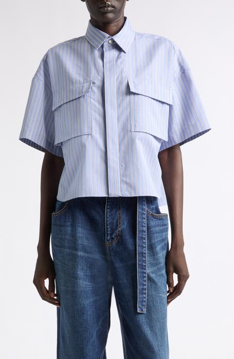 Pleat Back Crop Poplin Button-Up Shirt
