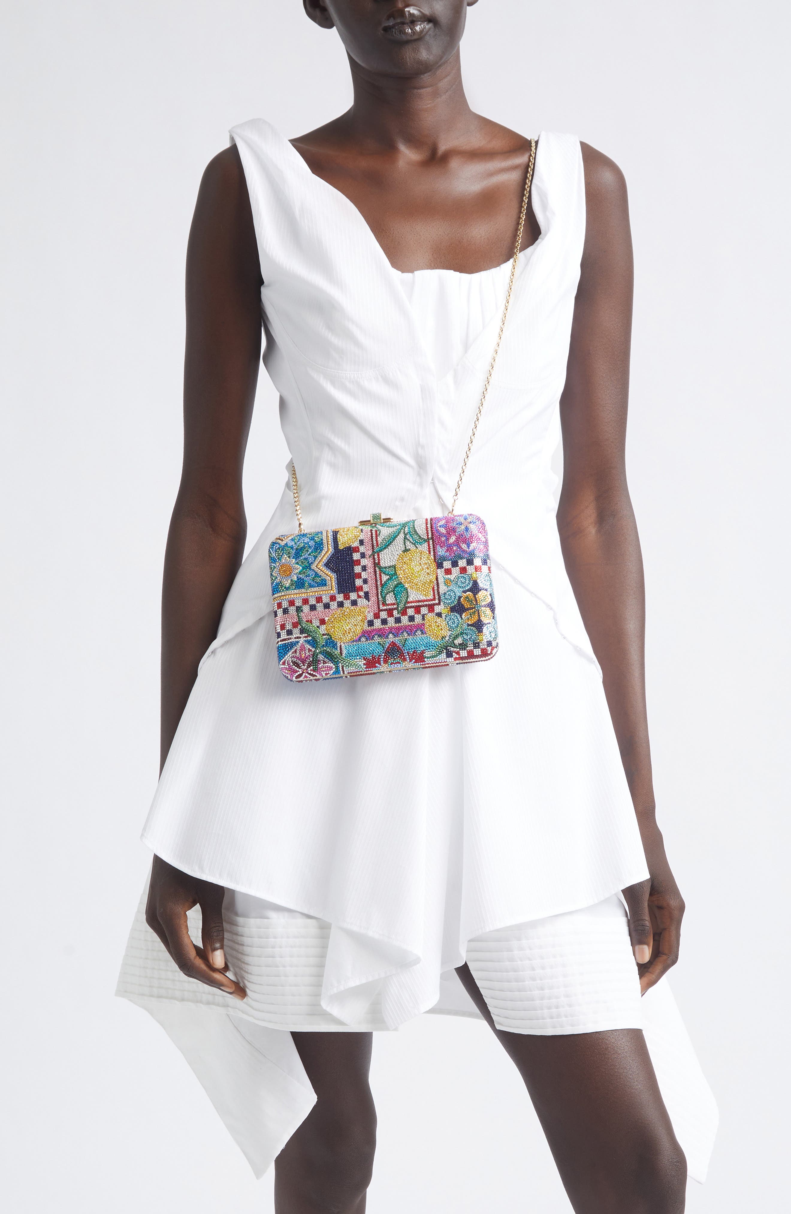 JUDITH LEIBER COUTURE Slim Slide Ceramica Crystal Embellished Clutch, Alternate, color, Champagne Dark Indigo Multi