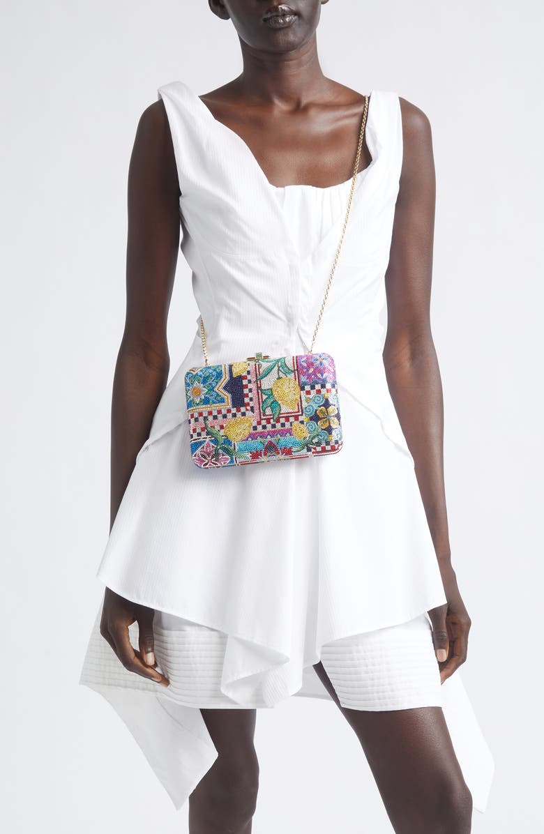 JUDITH LEIBER COUTURE Slim Slide Ceramica Crystal Embellished Clutch, Alternate, color, Champagne Dark Indigo Multi