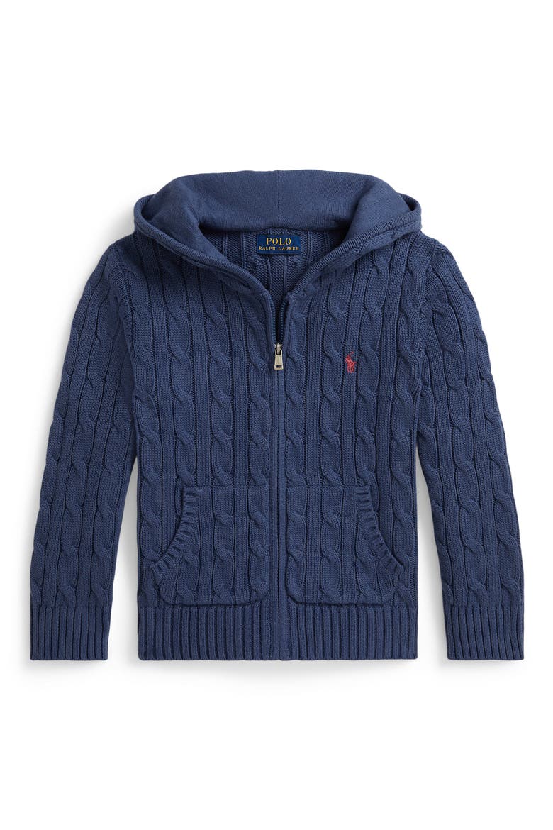 Kids' Hooded Cable Stitch Cotton Zip Cardigan, Main, color, OLD ROYAL