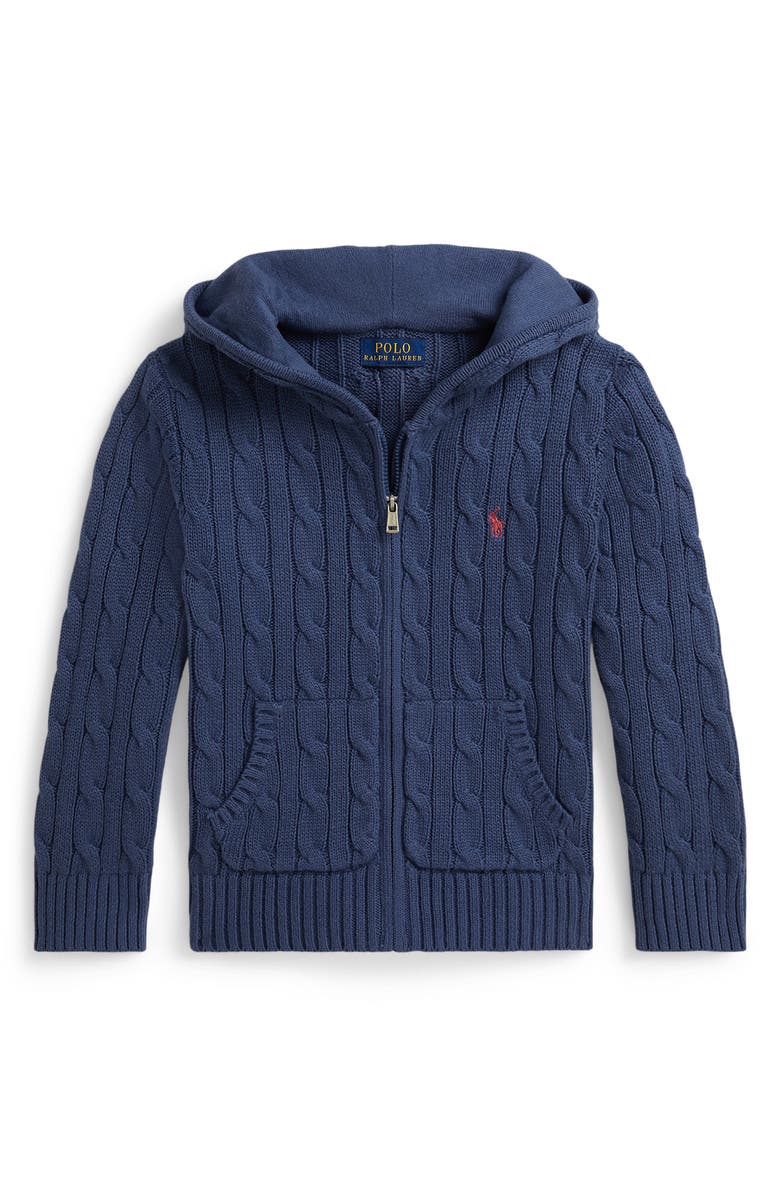 Polo Ralph Lauren Kids' Hooded Cable Stitch Cotton Zip Cardigan, Main, color, Old Royal