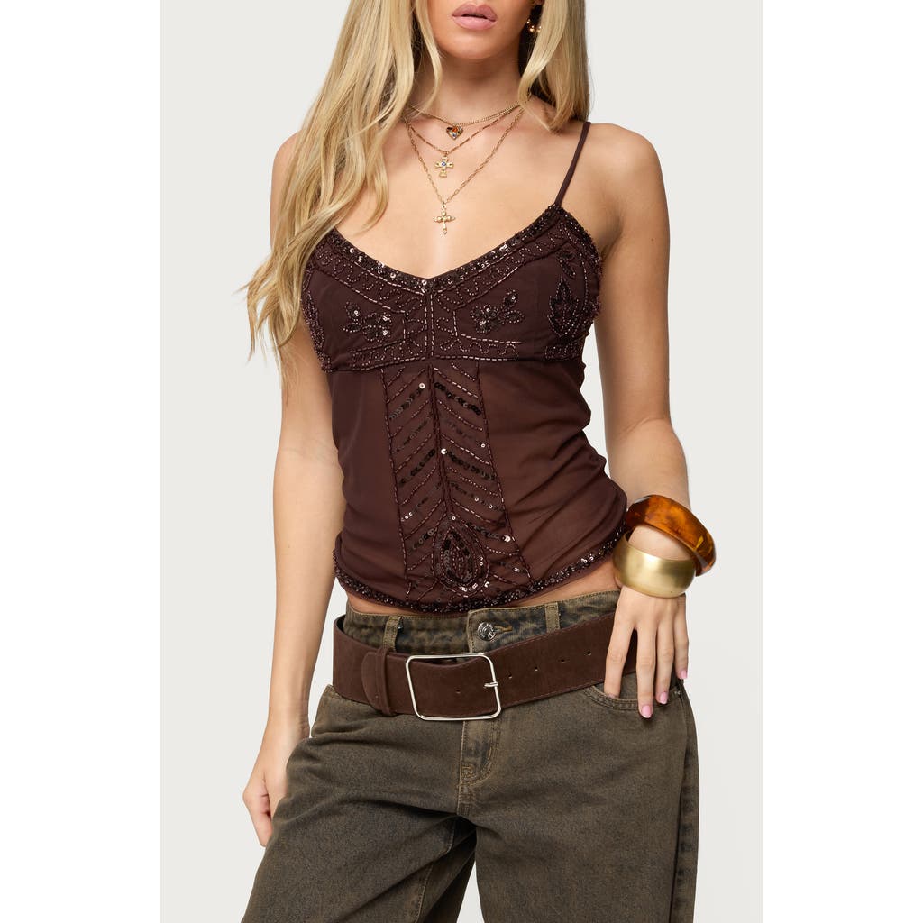 Edikted Azelia Beaded Mesh Camisole In Brown