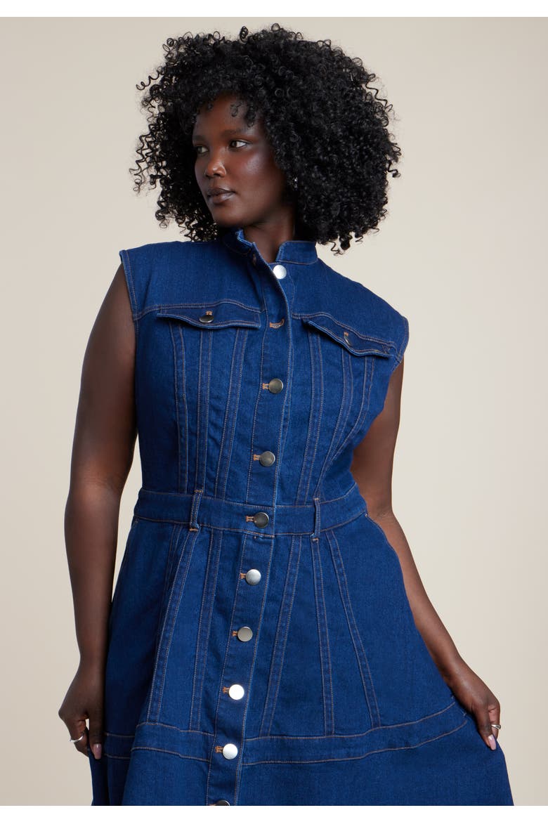 Denim Fit & Flare Midi Dress, Alternate, color, DARK WASH