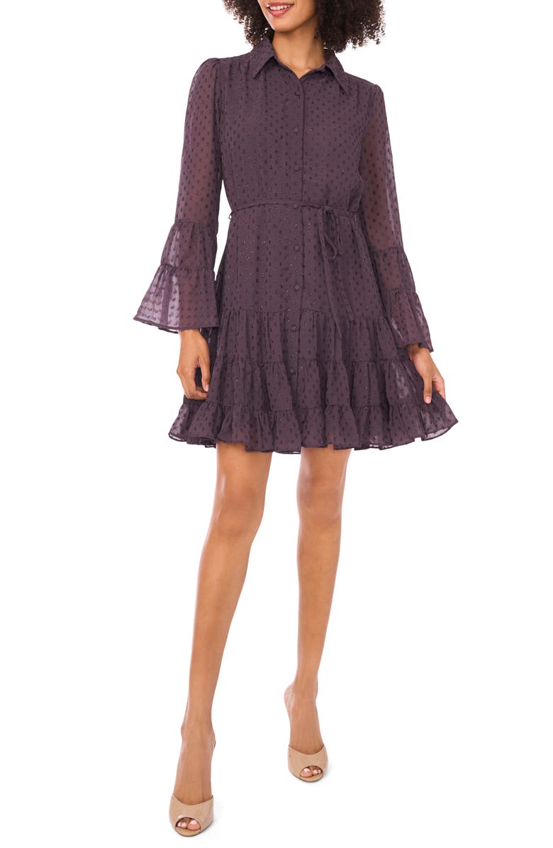 CeCe Metallic Clip Dot Long Sleeve Tiered Dress, Main, color, Gunmetal