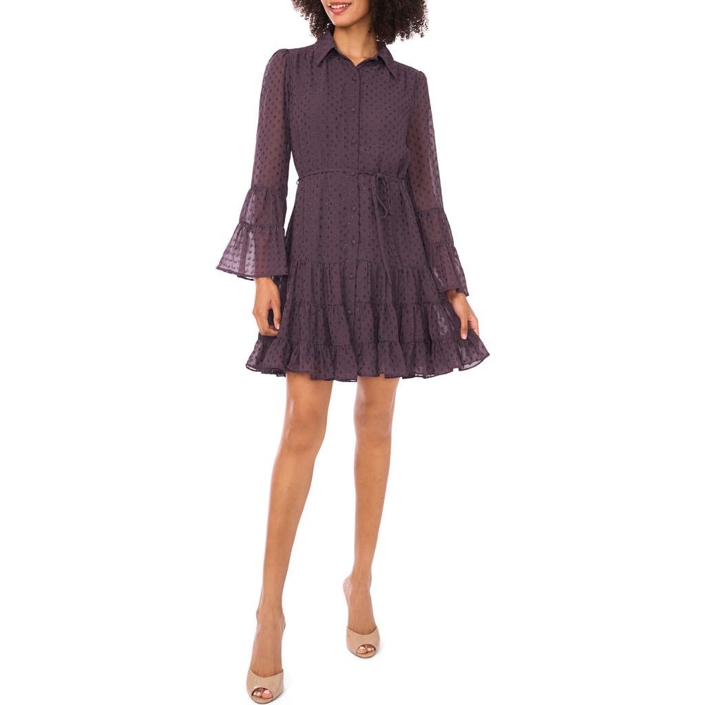 Cece Metallic Clip Dot Long Sleeve Tiered Dress In Purple
