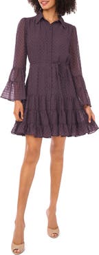 CeCe Metallic Clip Dot Long Sleeve Tiered Dress