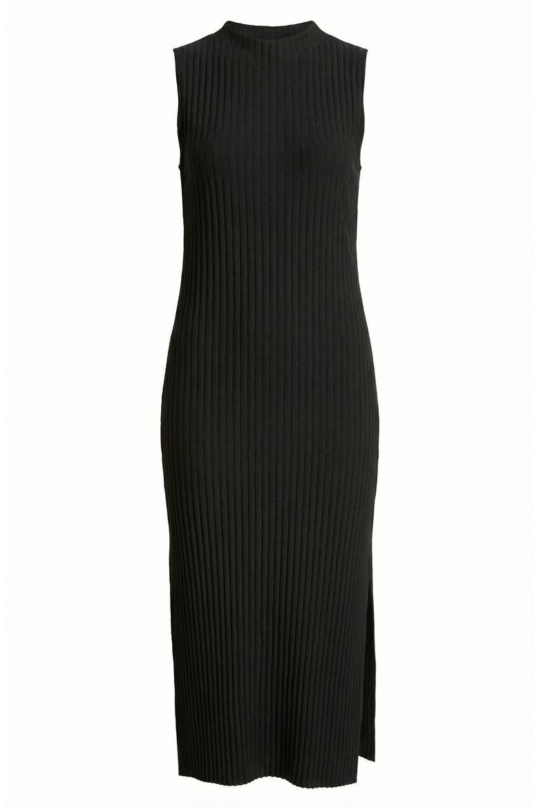 Sleeveless Ribbed Knit Midi Dress with Side Slit and High Neckline, Alternate, color, Black