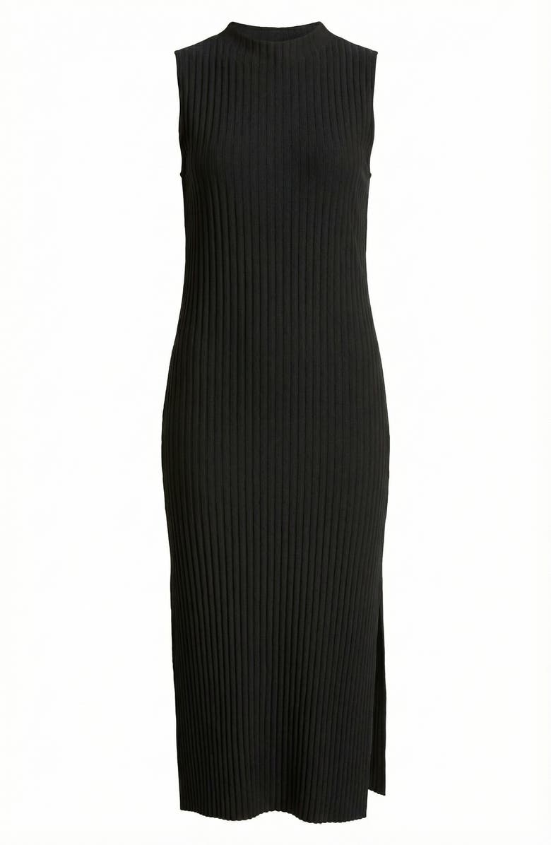 Modenaire Sleeveless Ribbed Knit Midi Dress with Side Slit and High Neckline, Alternate, color, Black