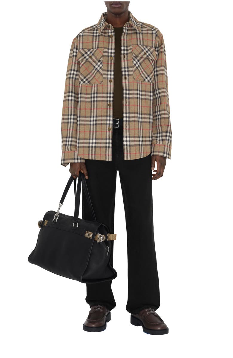 Burberry Oversized Fit Check Cotton Linen Shirt, Main, color, Nut