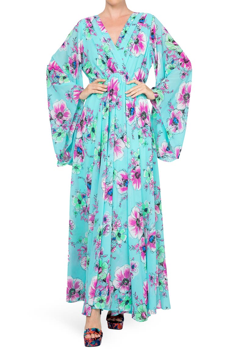 Sunset Floral Print Bell Sleeve Maxi Dress, Main, color, TURQUOISE PEONY