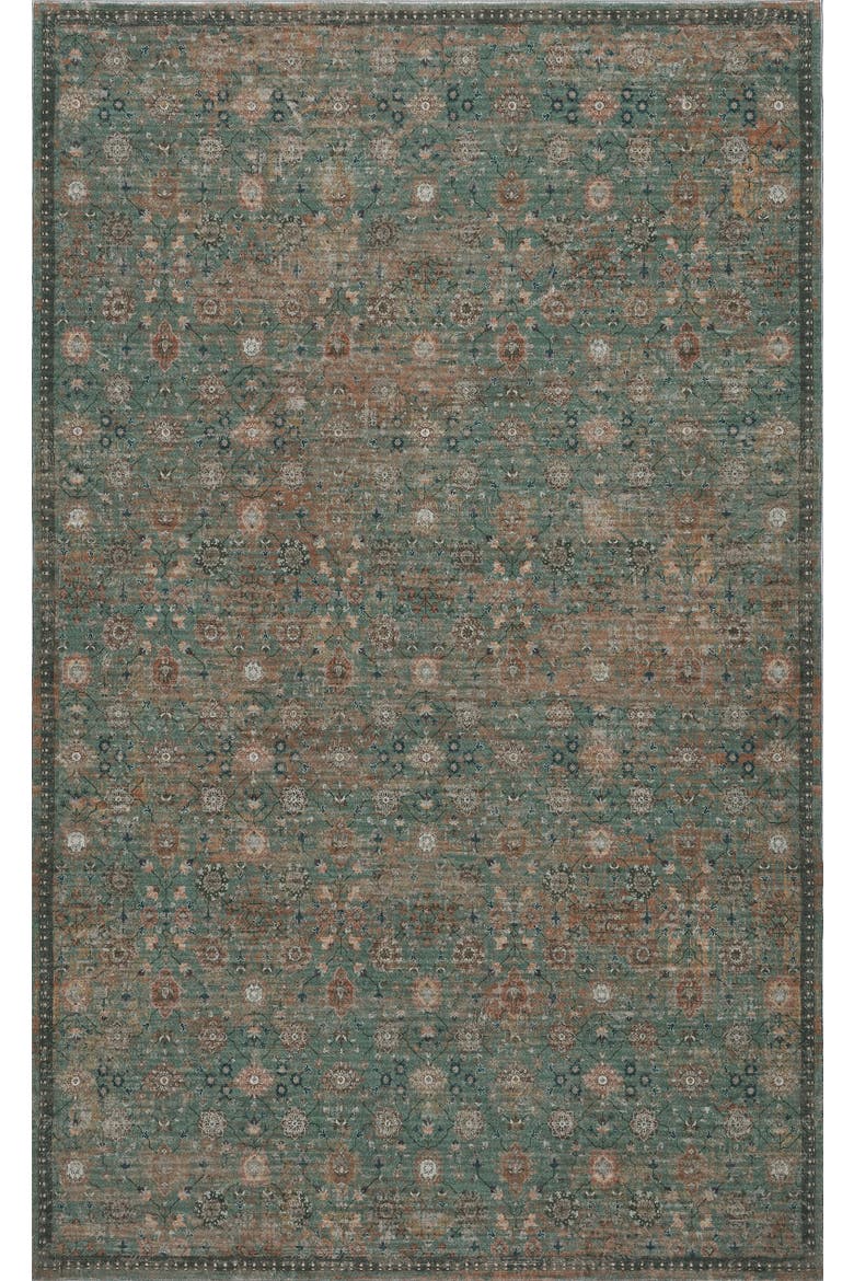 Petunia Distressed All-Over Floral Border Non-Slip Machine-Washable Rug, Alternate, color, Green/Brown