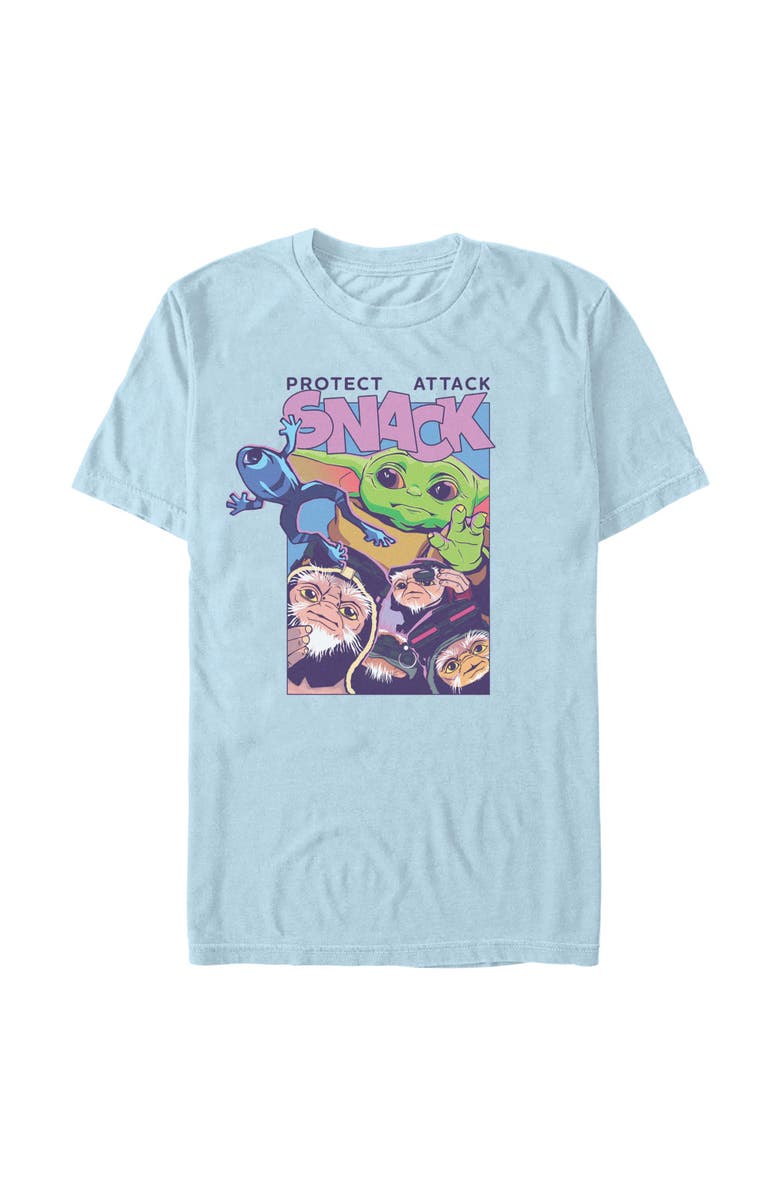 Star Wars: The Mandalorian and Grogu Men's Star Wars The Mandalorian and Grogu Protect Attack Snack Collage  Graphic T-Shirt, Main, color, Light Blue
