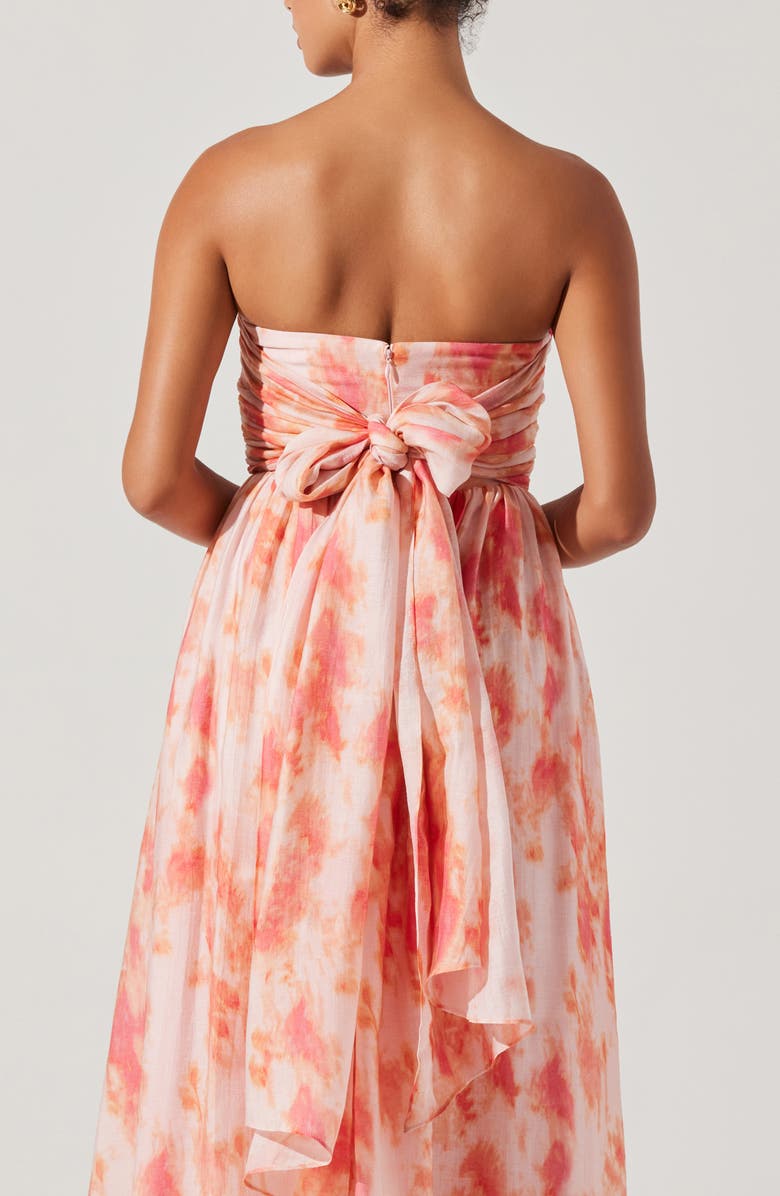 ASTR the Label Aneesha Tie Dye Bow Back Strapless Midi Dress, Alternate, color, Coral Tie Dye
