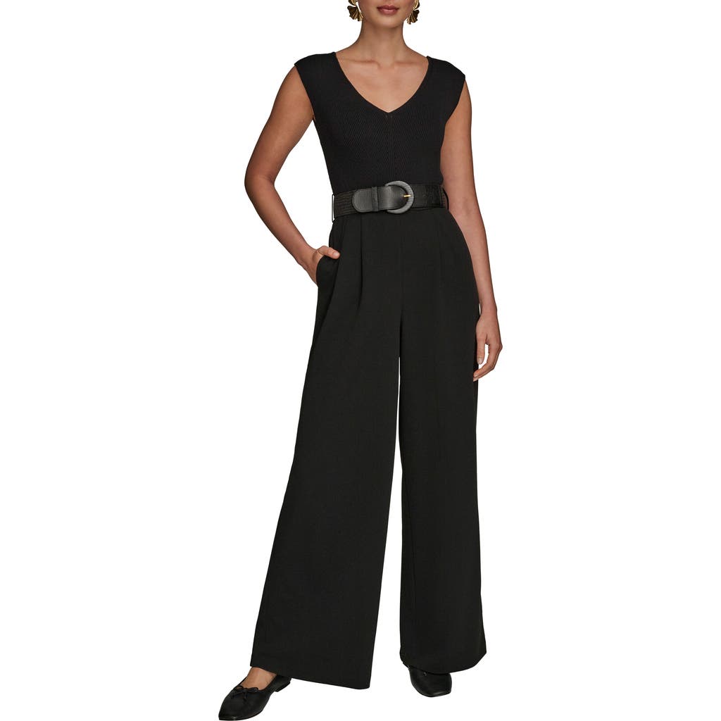 Donna Karan New York Sleeveless Belted Mixed Media Jumpsuit In Black