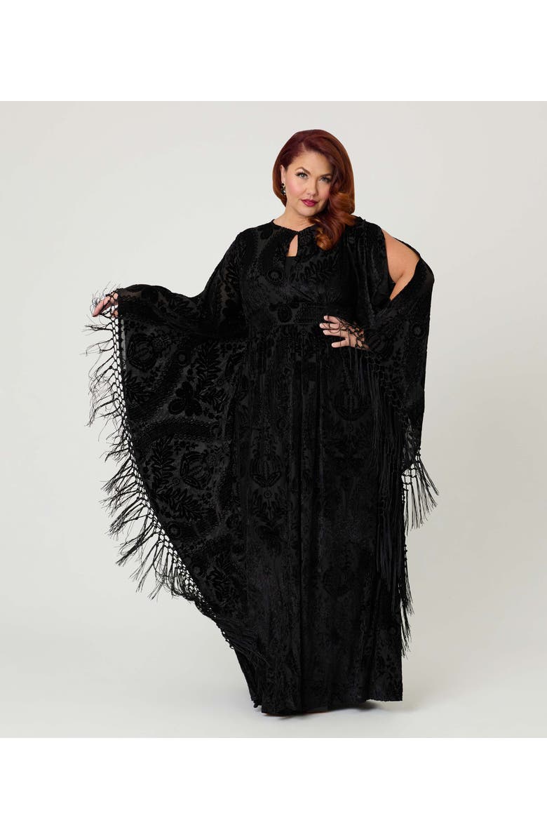 Unique Vintage Plus Size 1960s Fringe Flutter Sleeve Caftan, Alternate, color, Black