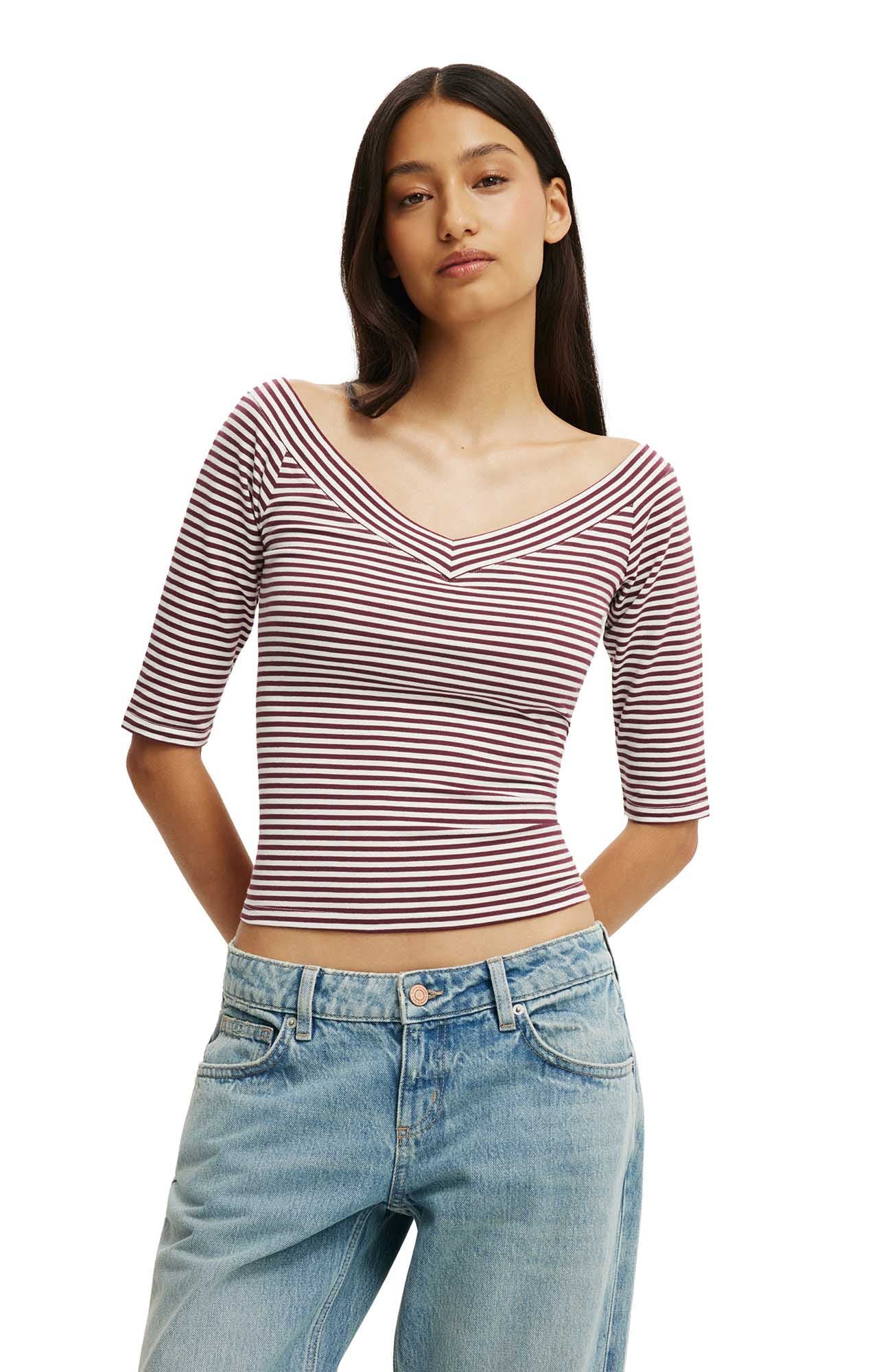 Cotton On Bella Off Shoulder V Neck 3/4 Tee In Madi Stripe Sour Cherry