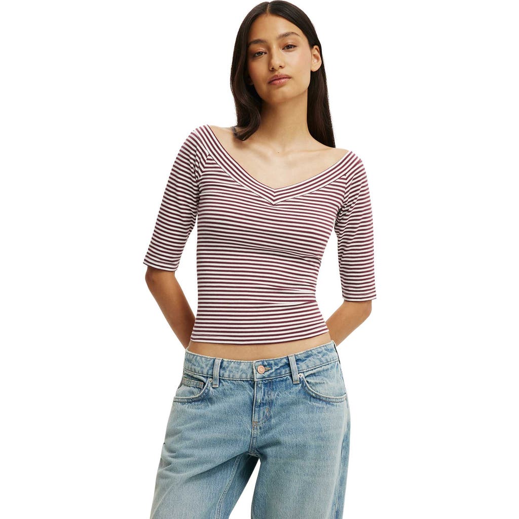 Cotton On Bella Off Shoulder V Neck 3/4 Tee In Madi Stripe Sour Cherry