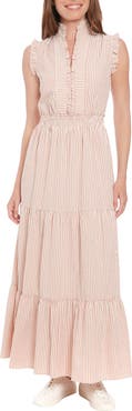 London Times Stripe Ruffle Sleeveless Tiered Maxi Dress