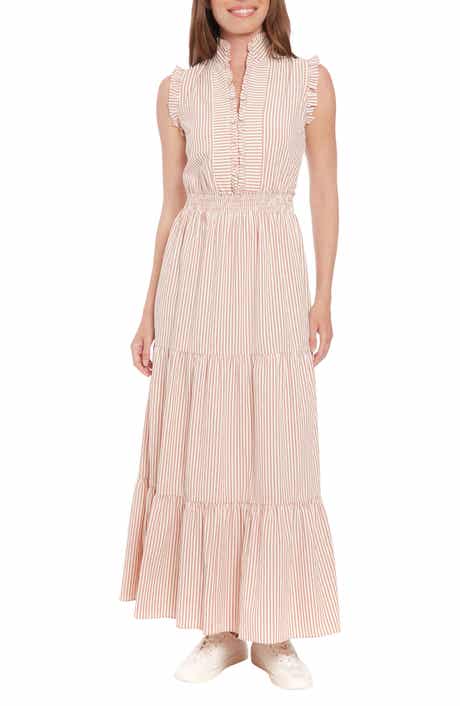 London Times Stripe Ruffle Sleeveless Tiered Maxi Dress