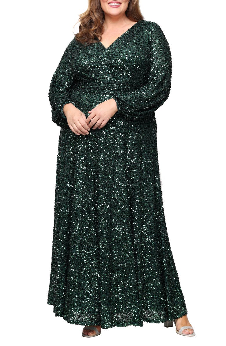 Alex Evenings Sequin Long Sleeve Gown, Main, color, Emerald Green