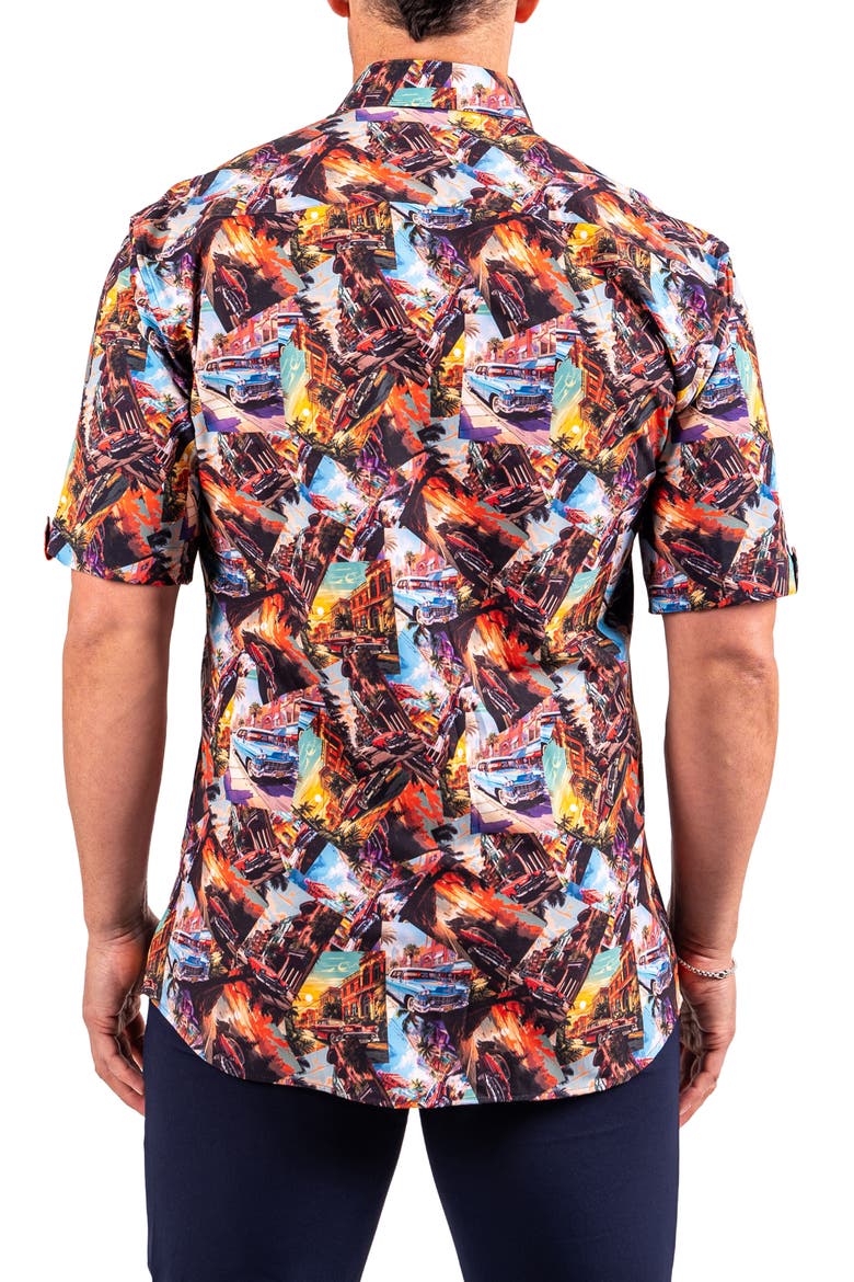 Galileo Resistance0345 Black Vintage Car Print Short Sleeve Cotton Button-Up Shirt, Alternate, color, BLACK