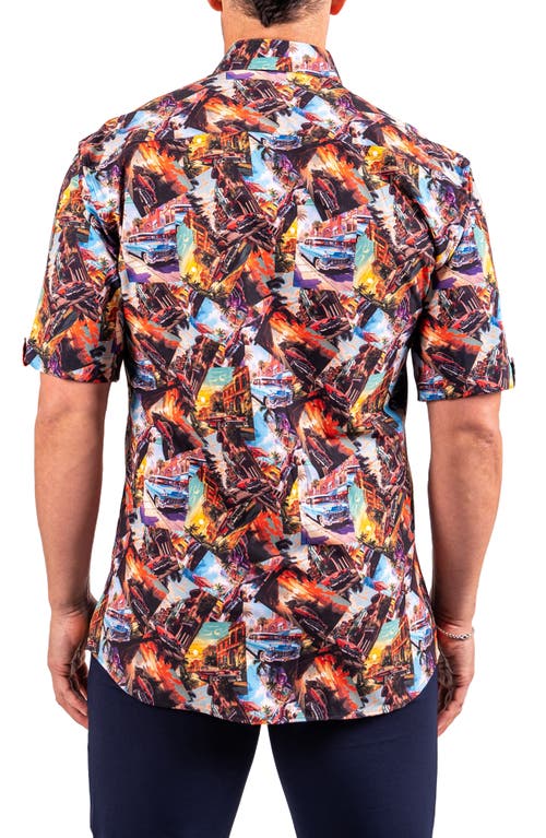 Maceoo Galileo Resistance0345 Black Vintage Car Print Short Sleeve Cotton Button-up Shirt