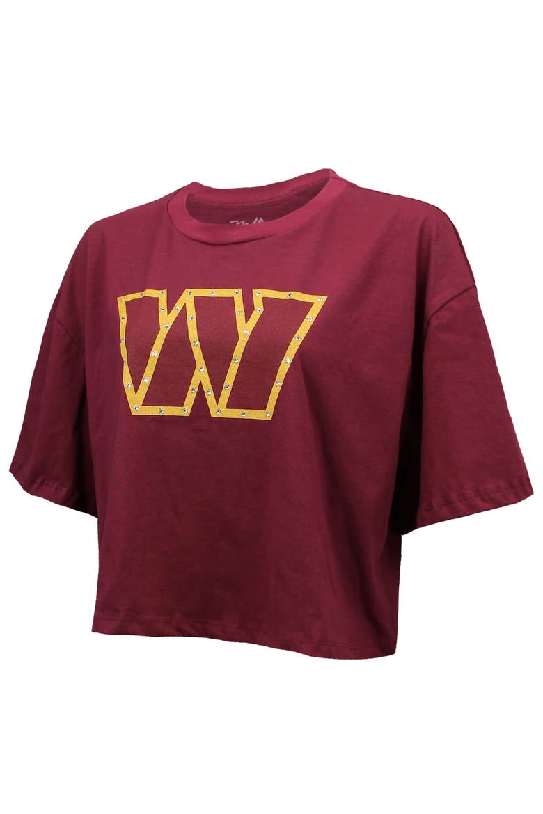 Women's Majestic Threads Jayden Daniels Burgundy Washington Commanders Swarovski Crystals Boxy Cropped Name & Number T-Shirt, Alternate, color, Burgundy