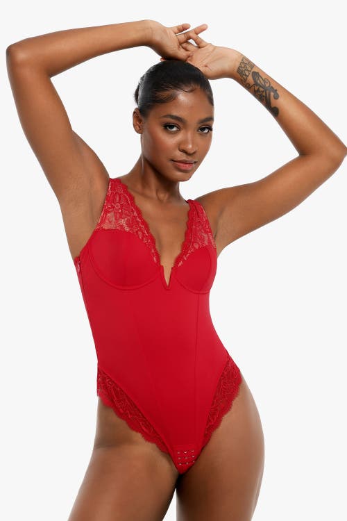 Popilush Shapewear Deep V-neck Sculpting Lace Inset Bodysuit In Chili Red