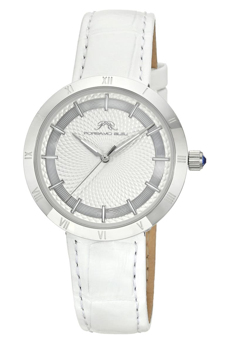 Monroe Leather Strap Watch, Main, color, WHITE SILVER TONE