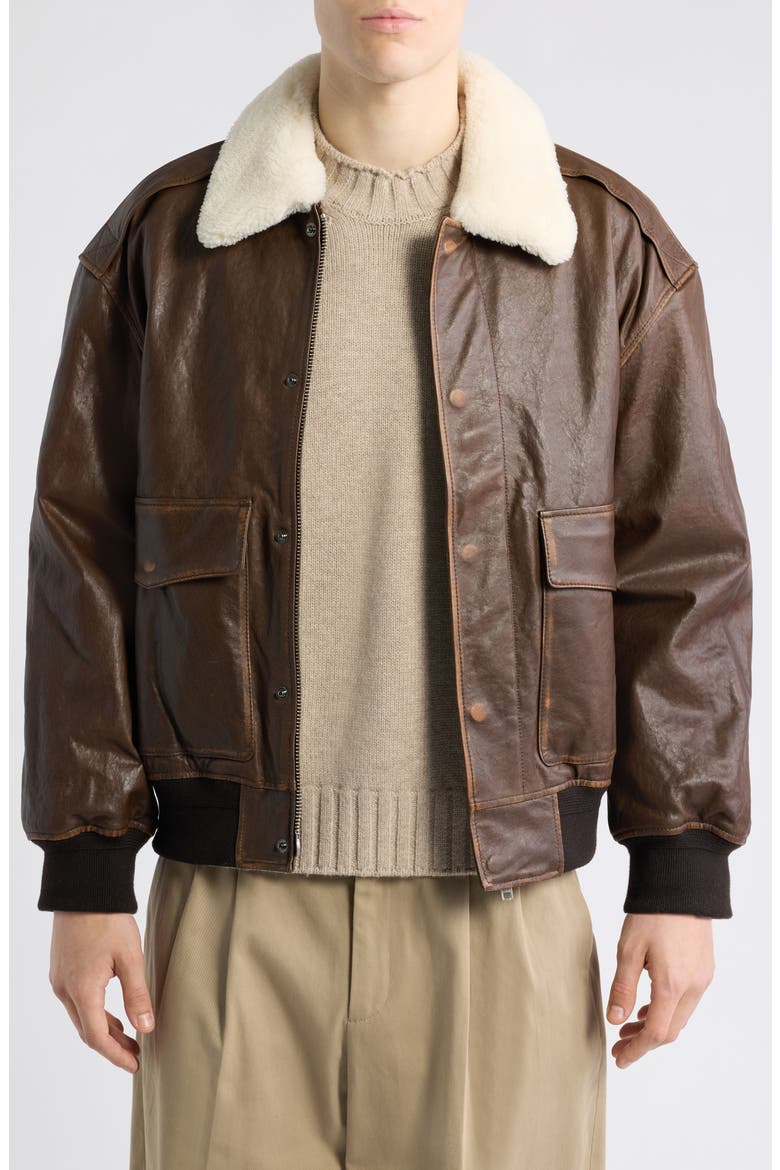 Unisex Detachable Genuine Shearling Collar Leather Bomber Jacket, Main, color, BROWN