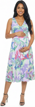 24seven Comfort Apparel Maternity Abstract V-Neck Sleeveless Pleated Pocket Midi Fit N Flare Dress