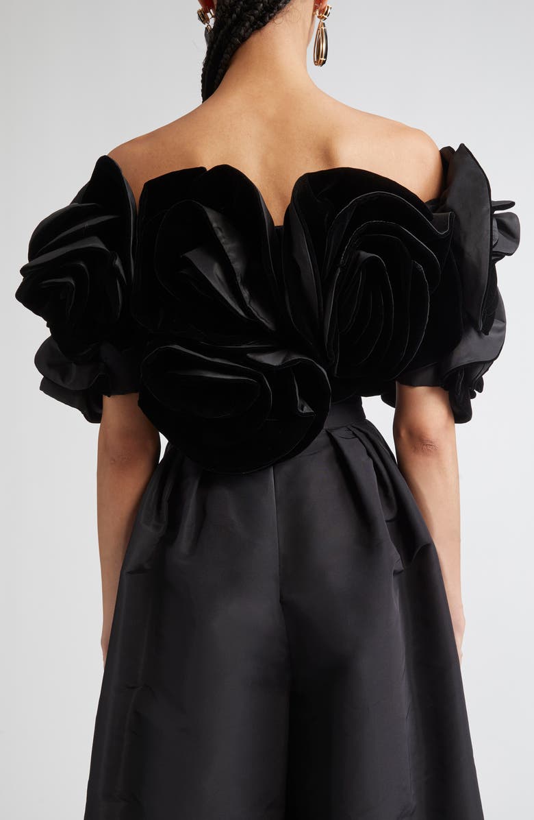 Carolina Herrera Draped Flower Velvet Crop Top, Alternate, color, Black
