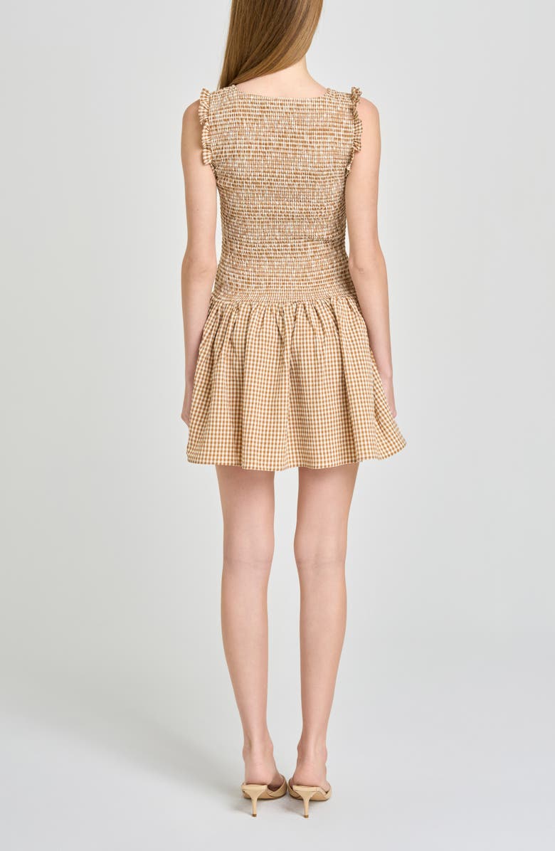 WAYF Esme Gingham Smocked Bodice Drop Waist Minidress, Alternate, color, Tan