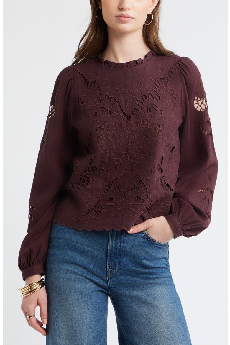 Open Floral Cutwork Linen Blend Top, Main, color, BURGUNDY FUDGE