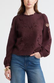 Treasure & Bond Open Floral Cutwork Linen Blend Top