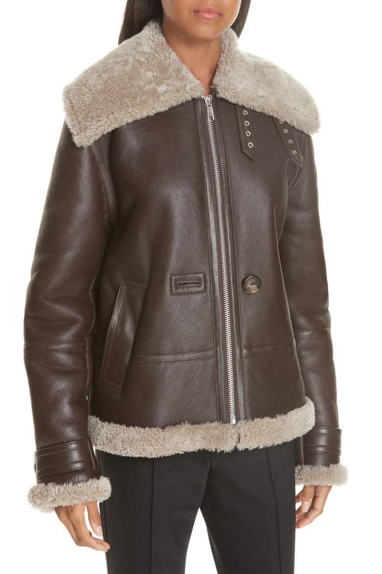 Genuine Shearling Aviator Jacket, Main, color, DARK WOOD
