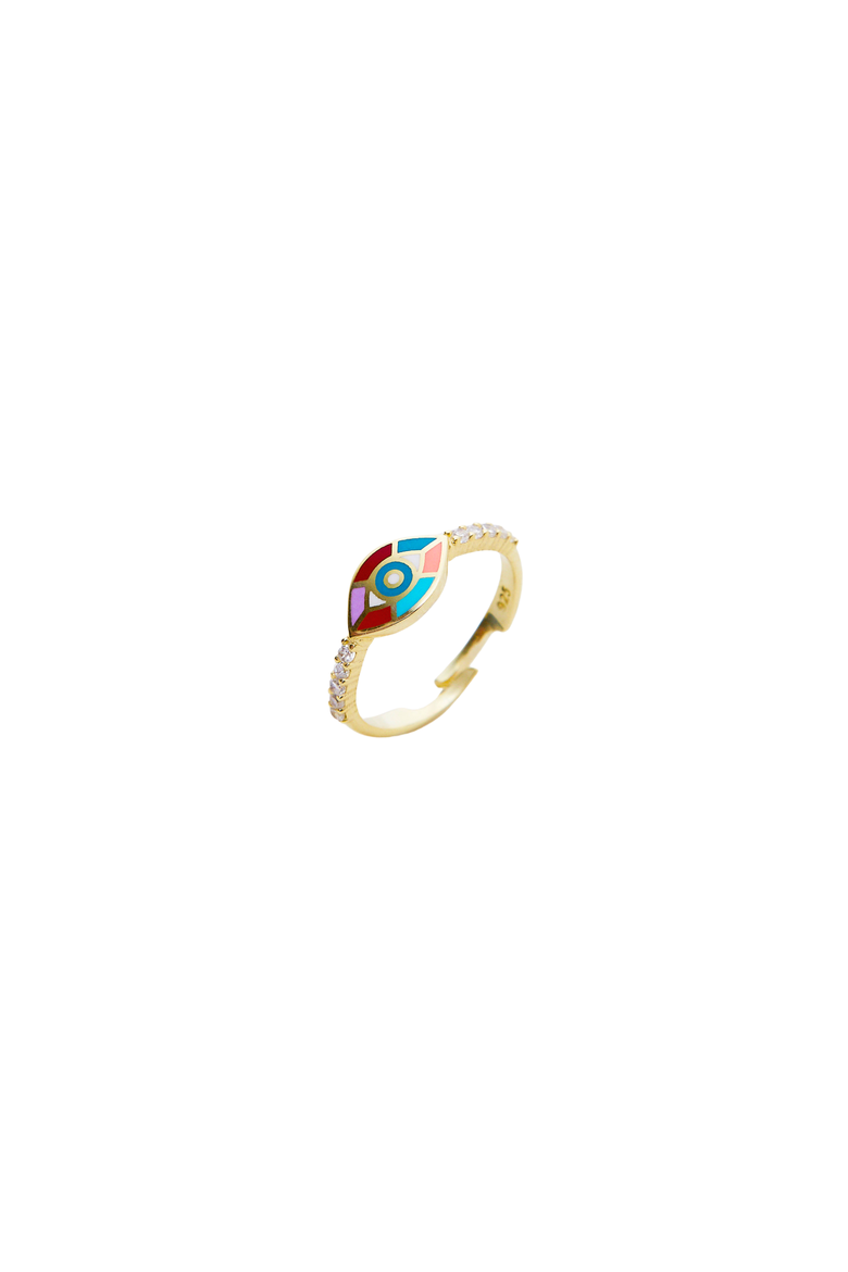 Enamel Five Color Evil Eye Sterling Silver Signet Ring, Main, color, Gold