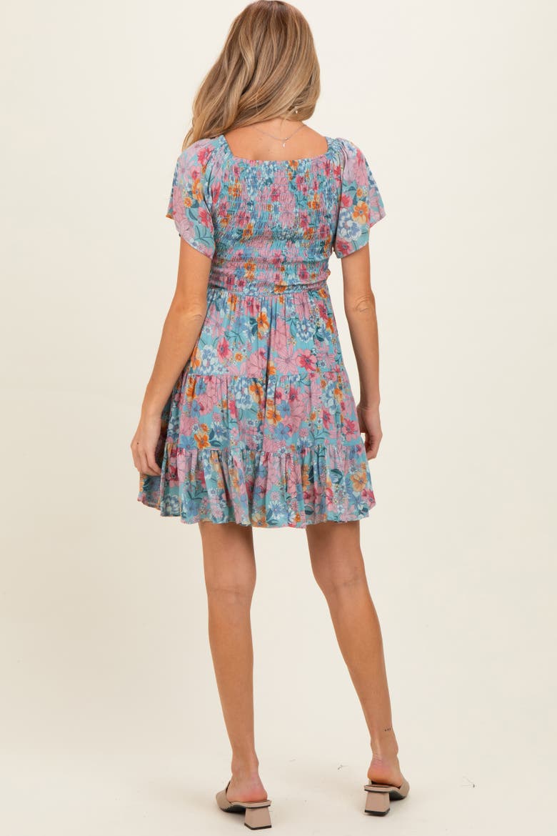 V Neck Smocked Bust Short Sleeve Short Dress, Alternate, color, Teal