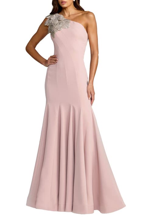 Petite Crepe One Shoulder Gown With Flower Detail