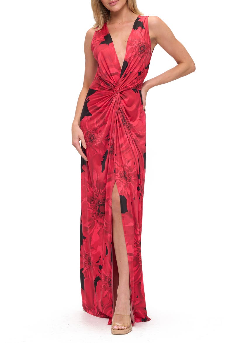 Twist Front Sleeveless Maxi Dress, Main, color, BLACK/ RED