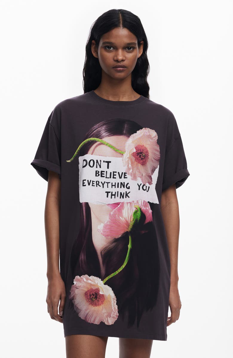 Desigual Floral Graphic T-Shirt Minidress, Alternate, color, Anthracite Gray