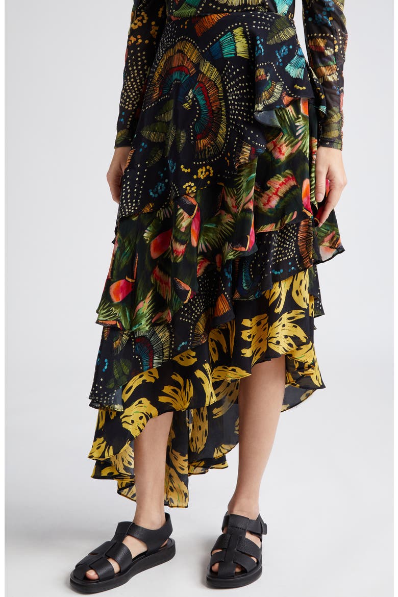 Mix Print Tiered Midi Skirt, Alternate, color, BLACK MULTI