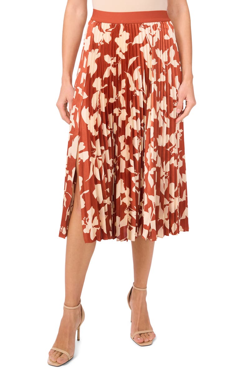 Halogen<sup>®</sup> Floral Pleated Satin Skirt, Main, color, Baked Clay