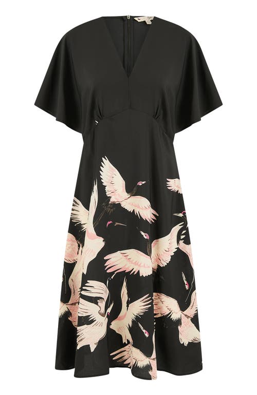 Yumi Crane Print Kimono Dress In Black