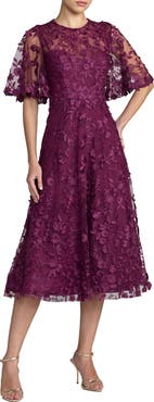 Mac Duggal Petite Flutter Sleeve Floral Emboridered Midi Dress