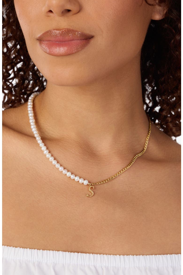 Genuine Freshwater Pearl & Curb Link Initial Pendant Necklace, Alternate, color, GOLD