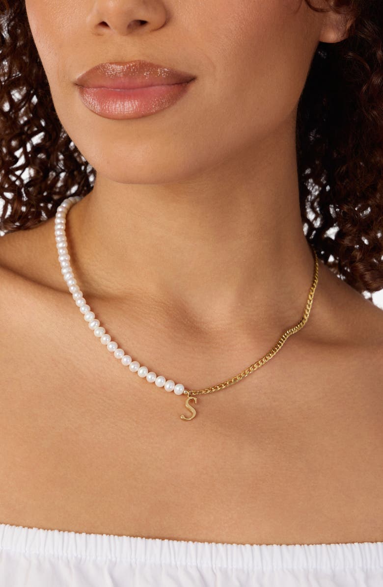 ATHRA LUXE Genuine Freshwater Pearl & Curb Link Initial Pendant Necklace, Alternate, color, Gold