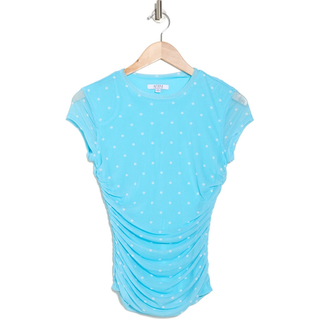 Afrm Los Angeles Lacey Cap Sleeve Ruched Mesh Top In Bluebell Dot