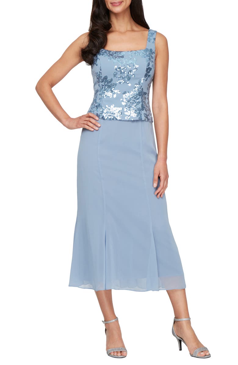 Alex Evenings Sequin Detail Cocktail Midi Dress with Jacket, Main, color, Dusty Blue